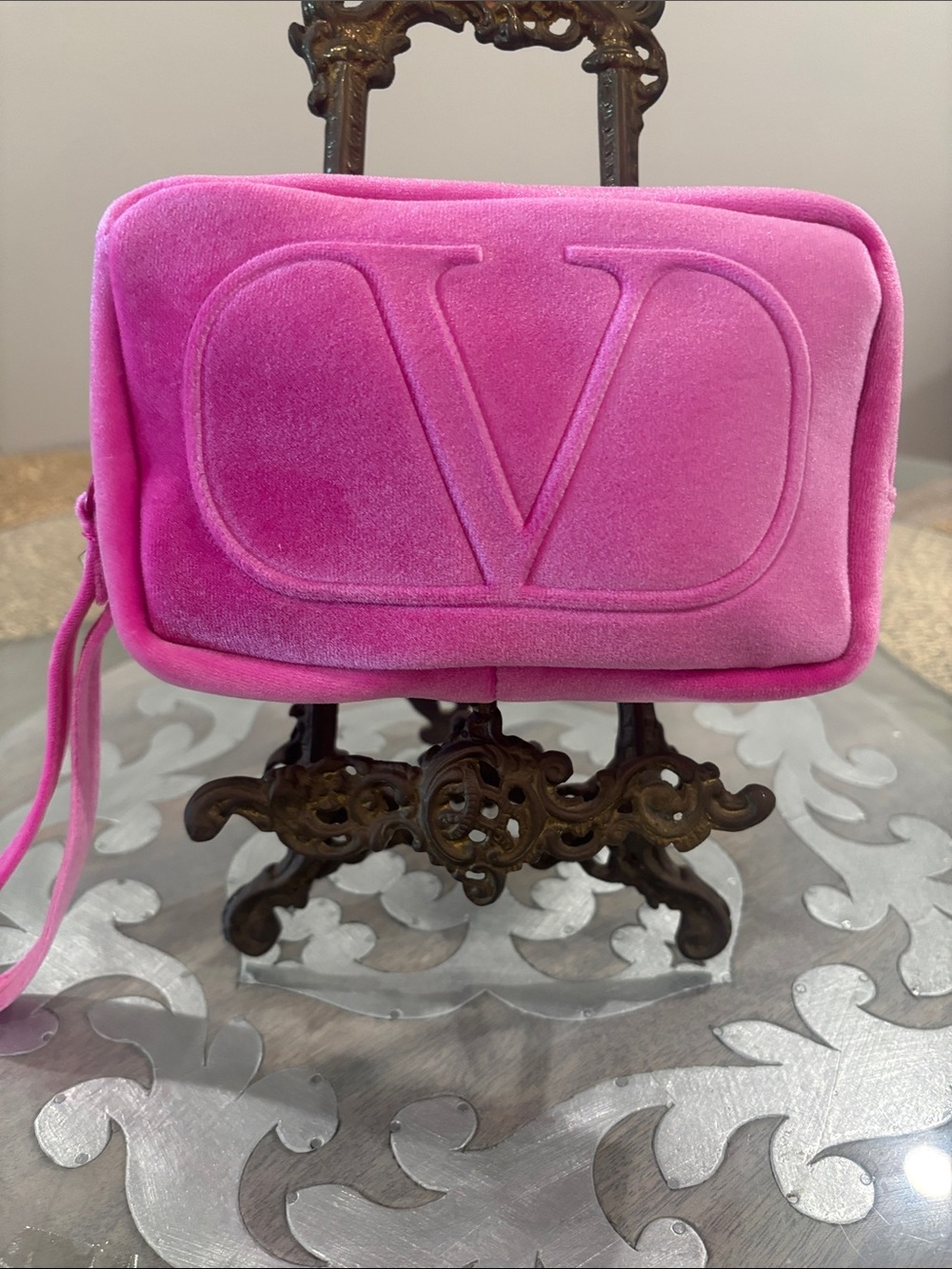 Valentino Hot Pink Velvet V Logo Wristlet or cosmetic pouch